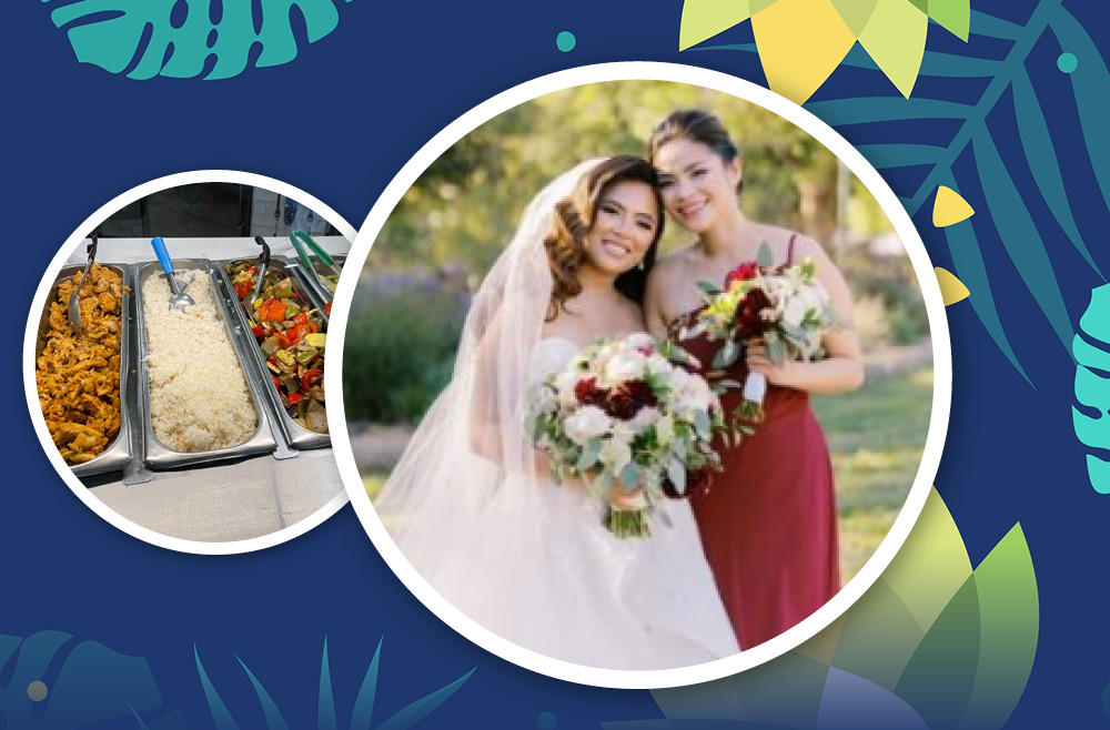 Collage of photos with trays of chicken, rice, and vegetables in the cafeteria and nurse manager of Perianesthesia Anna Lee Sigueza posing with her cousin on her wedding day